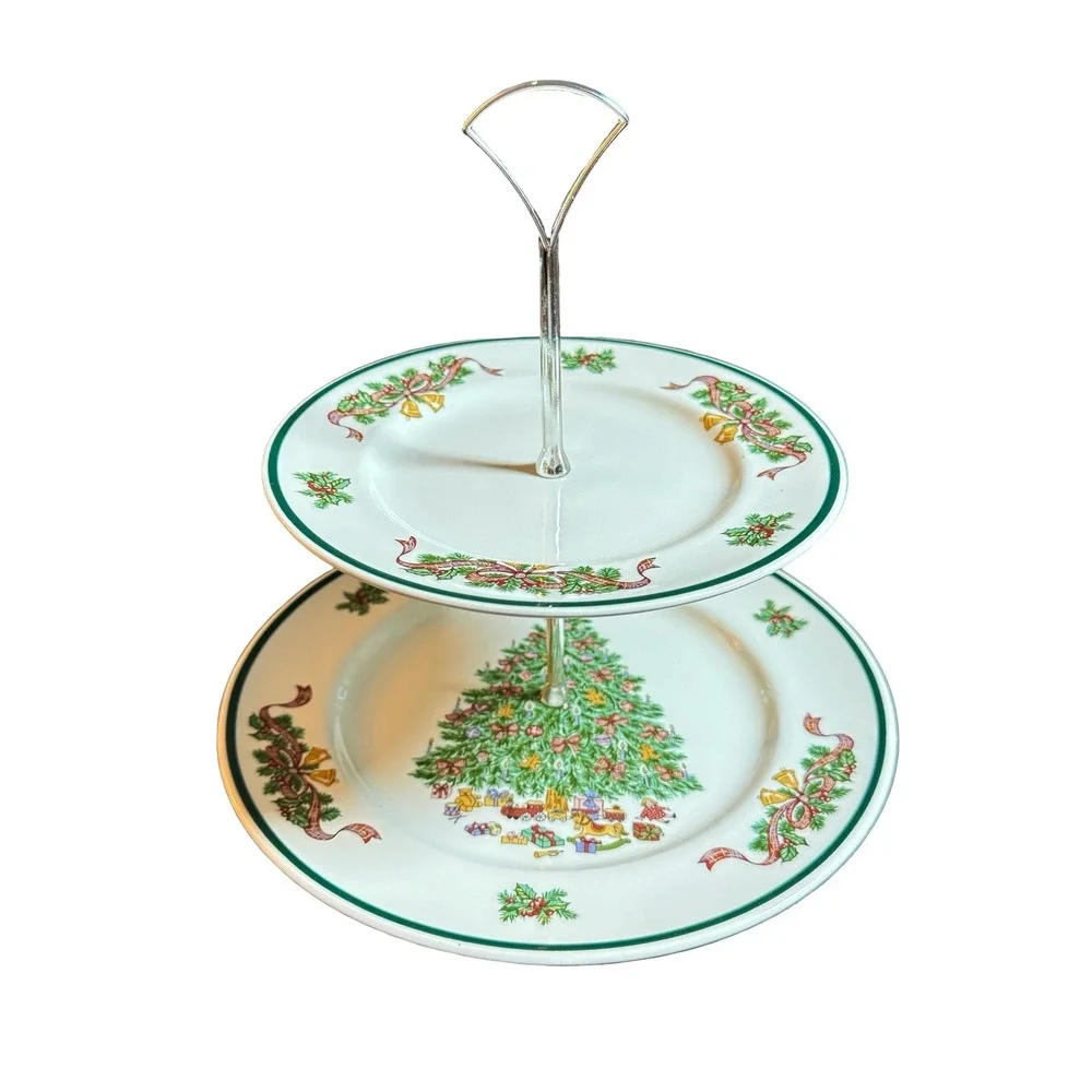 Johnson Brothers 2 Tier Server Victorian Christmas Cookie Plates Silver Toned